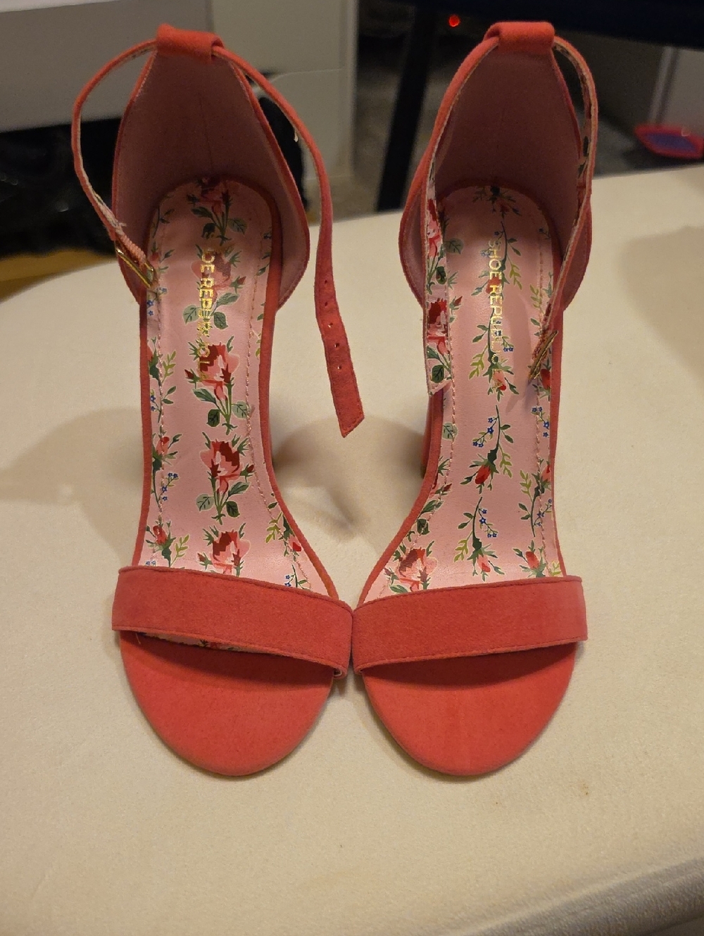 Shoe Republic LA Coral Ankle-Strap Heels with Floral Insole